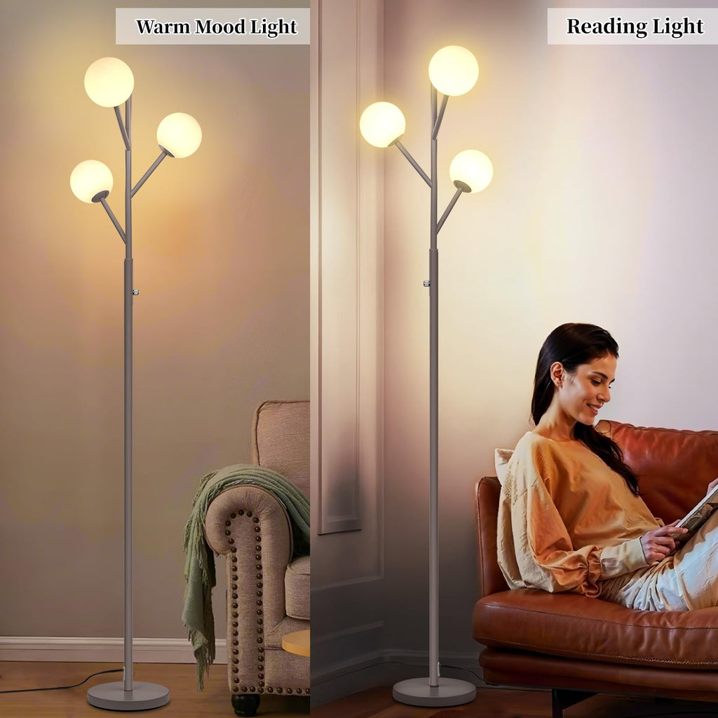 Dimmable 3-Globe Mid Century Modern Floor Lamp, Bulbs Included,70in Tall Silver Standing Floor Lamp with Frosted Glass Shade for Living Room,Office Bedroom, Study Room, Hotel, (dimmer-Silver)
