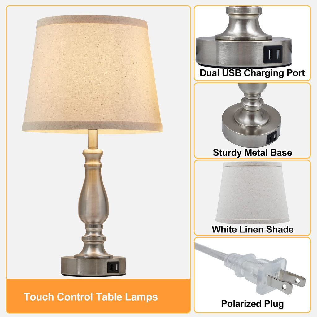 Lamps for Bedrooms Set of 2, Brushed Nickel Bedside Lamps with USB C+A Ports,Dimmable Nightstand Lamps with Fabric Lampshade, Touch Table Lamp for Living Room Bedroom Office, Bulbs Included
