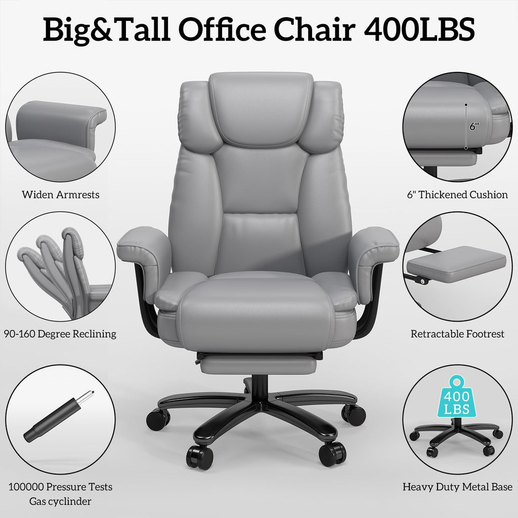 160 Reclining Office Chair with Footrest, Big & Tall Desk Chair, Grey
