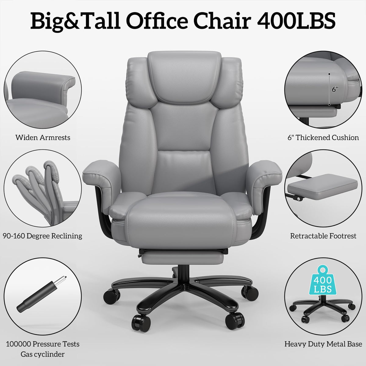 160 Reclining Office Chair with Footrest, Big & Tall Desk Chair, Grey
