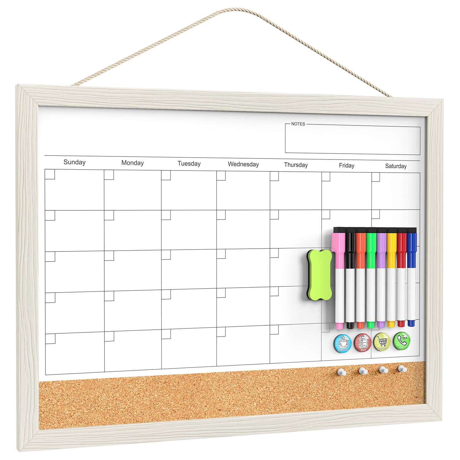 Calendar Whiteboard for Wall, 18x24 Inches Whiteboard Calendar Cork Board Combo, Magnetic Monthly White Board with Wood Framed, Hanging Dry Erase Board for Kitchen Home Office School Planner