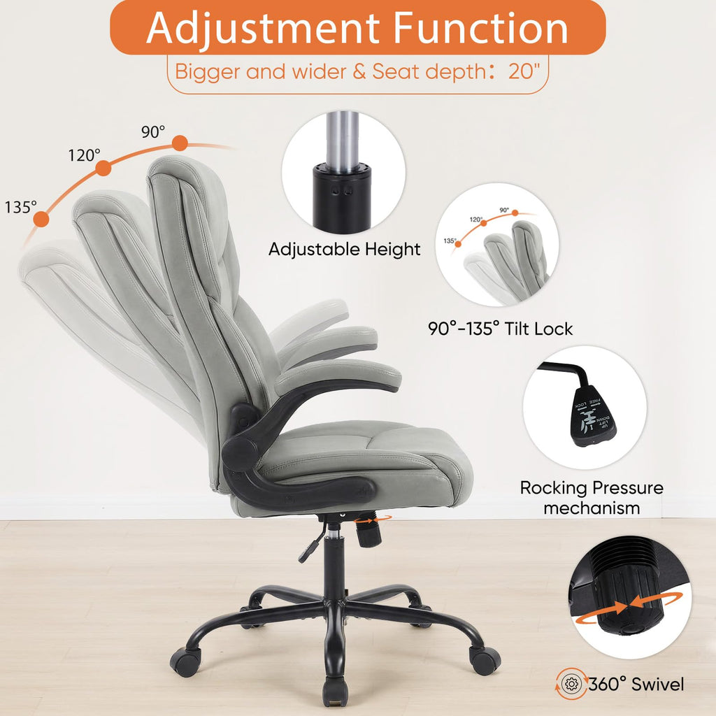 Ergonomic Office Chair, Heavy Duty 275lbs High Back Desk Chair, Flip-up Armrest PU Leather Swivel Rolling Chair with Wheels,Grey
