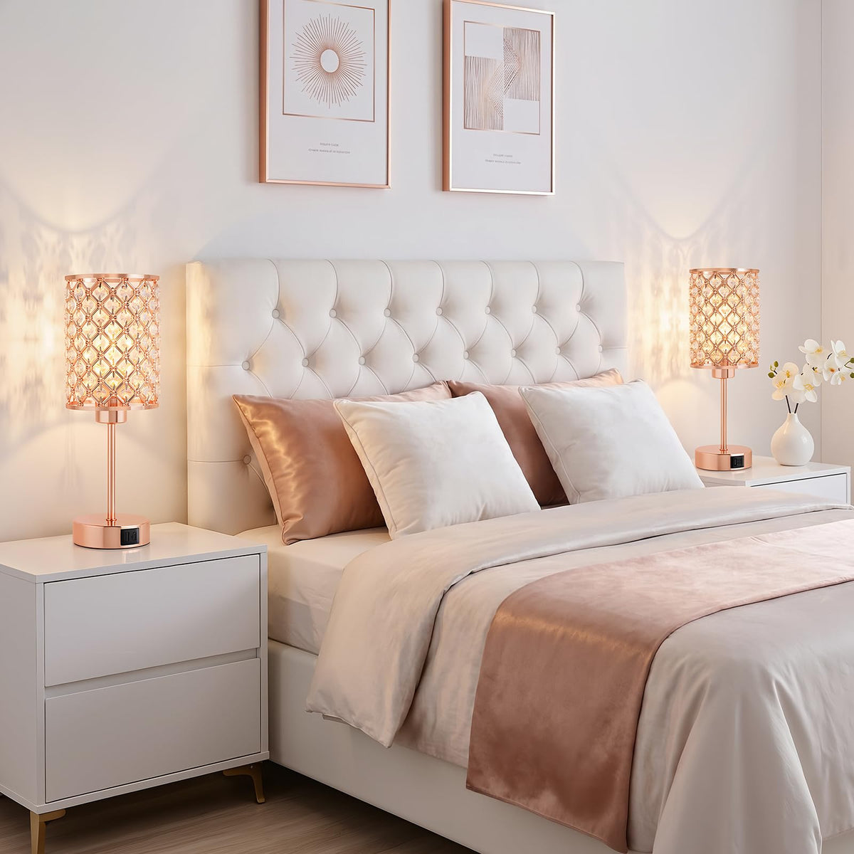 Crystal Table Lamp, Rose Gold Touch Lamp with USB C+A Port, 3-Way Dimmable