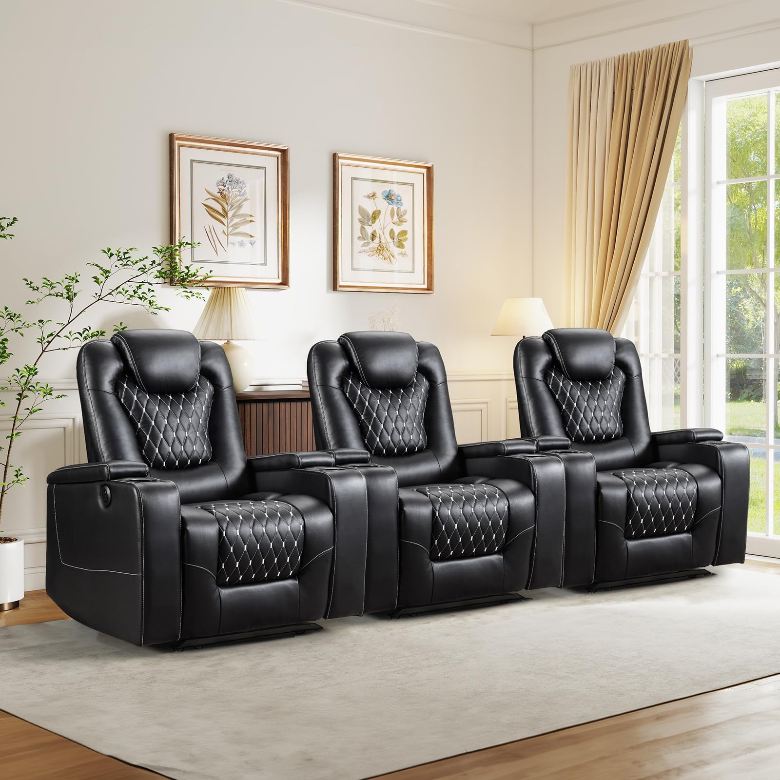 Power Recliner Chair Set of 3, Electric Soft Faux Leather Reclining Home Faux Theater Seating - USB Ports, Cup Holders, Hidden Arm Storage Movie & Media Room Chairs (Black)