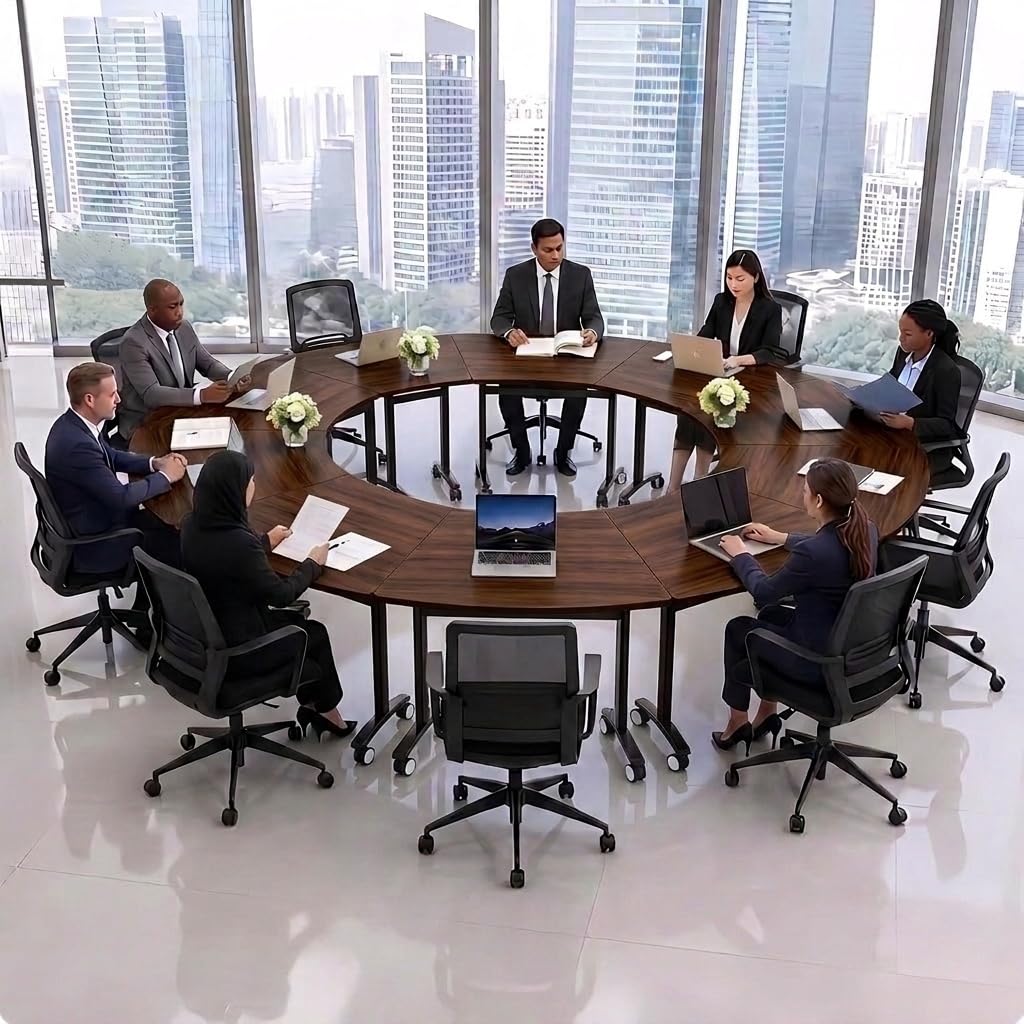 Folding Round Conference Table with Wheels, Flip Top Training Desk, 360° Lockable Casters, Stackable Nesting Mobile Seminar Table for Office Classroom,Walnut,40in,4