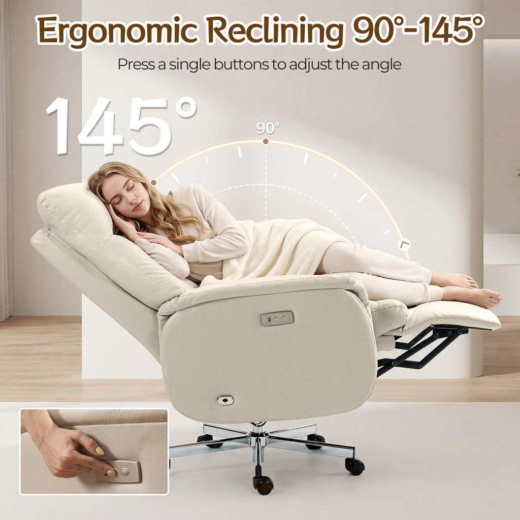Electric Office Chair with USB Charging, Recliner Executive Office Chair with Footrest, Big and Tall High-Back Desk Chair, 400LBS Weight Capacity, Microfiber, Beige