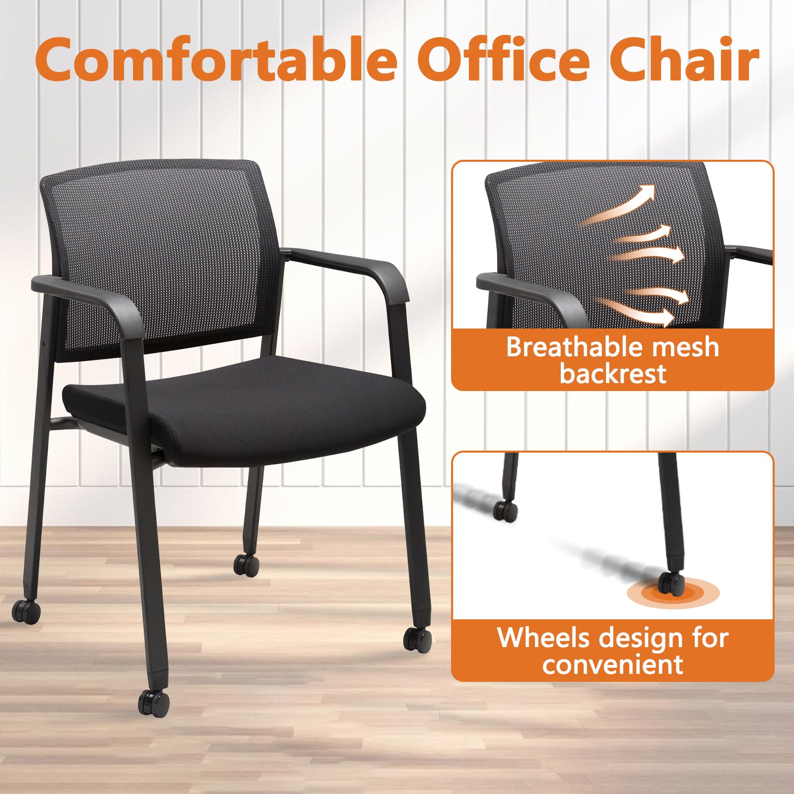 Mesh Back Guest Reception Arm Chairs with Wheels, Waiting Room Chairs with Upholstered Fabric Seat and Ergonomic Lumbar Support for Office