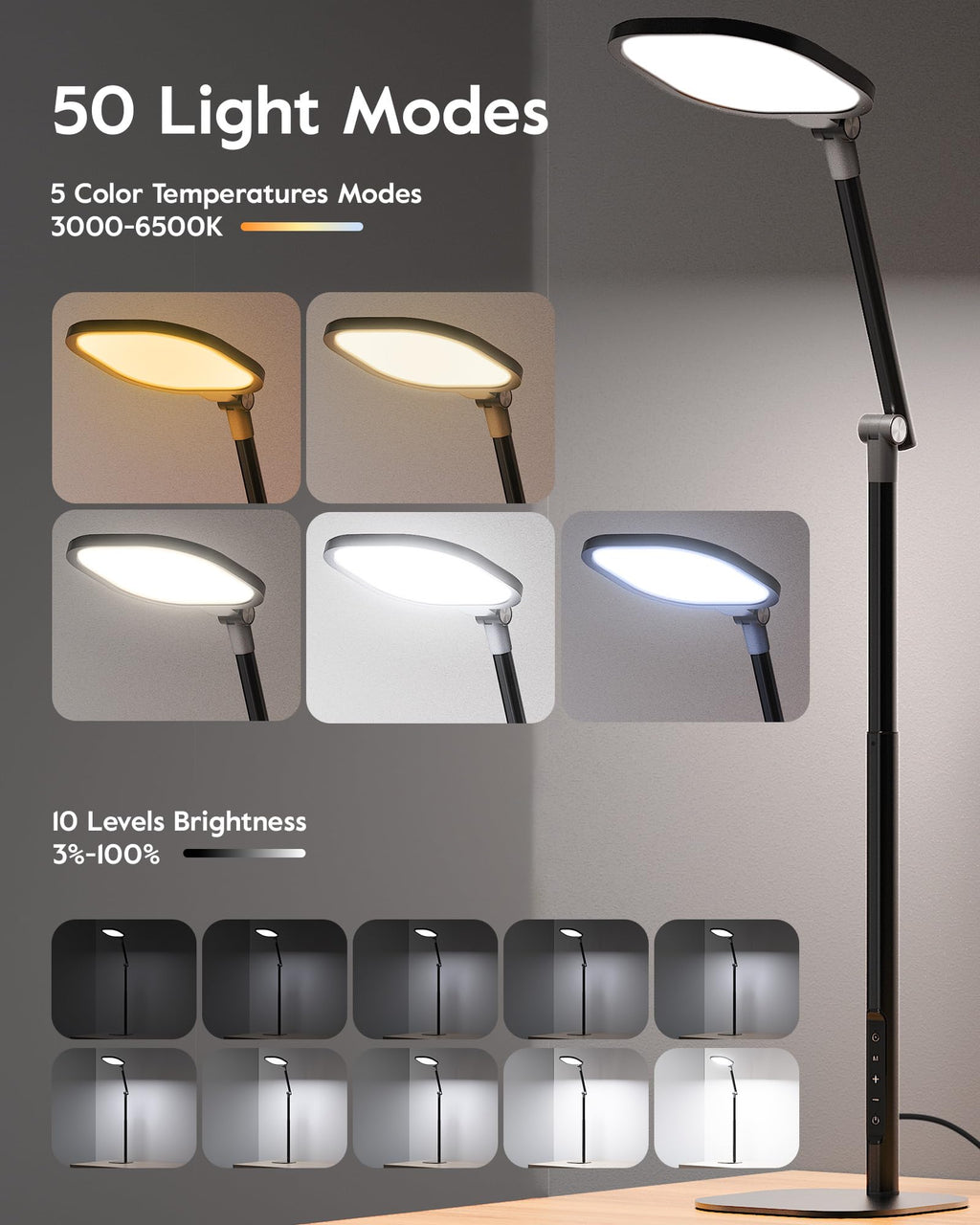Tall LED Desk Lamps Home Office, Edge-Lit Eye-Care, 50 Light Modes