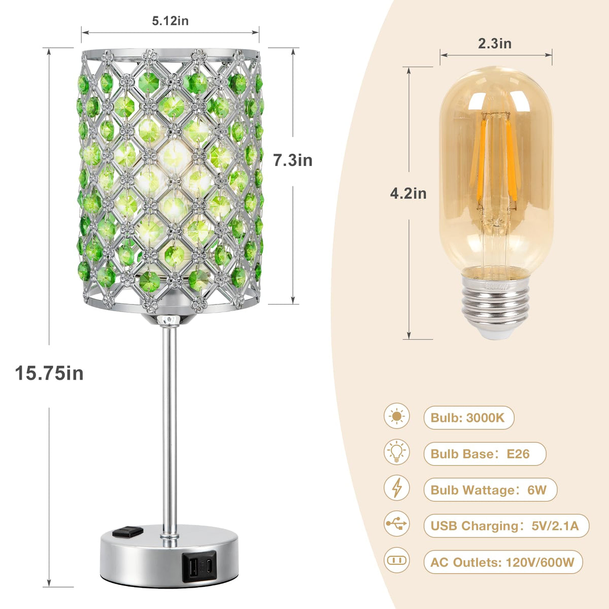 Crystal Lamp for Night Stands, Green Table Lamp for Bedroom, Bulb Included