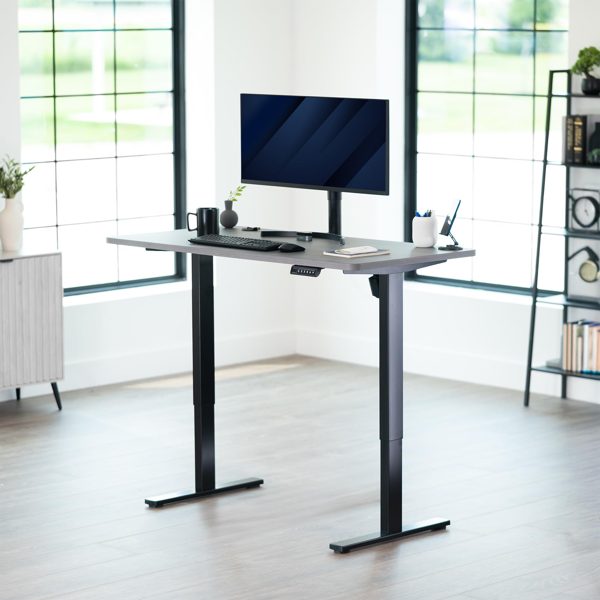 Electric 55 x 28 in Standing Desk, Memory Height Adjustment, 1B Series, Holds 220 lbs, One-Piece Dark Gray Top, Black Frame