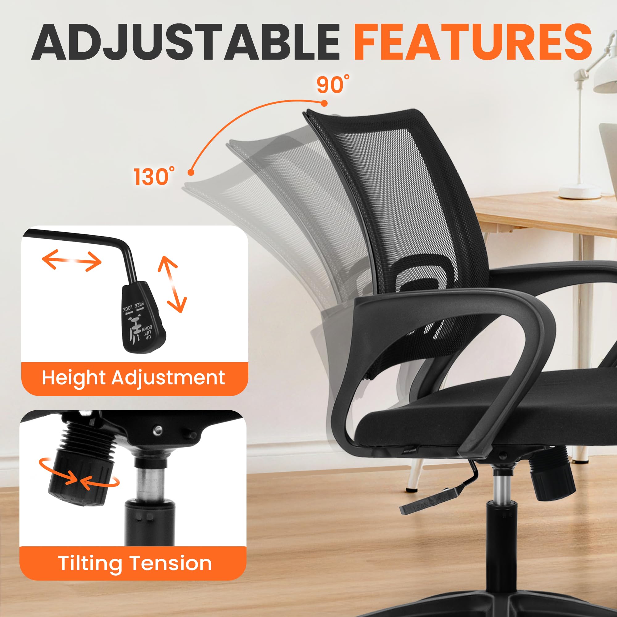 Office Desk Computer Chair Ergonomic Mesh Gaming Cushion Seat with Comfy Lumbar Mid Back Support Adjustable Height Swivel Rolling Wheels for Home Task (Mesh Black)