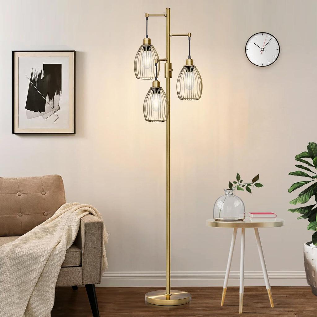 Floor Lamp, 3 x 800LM LED Edison Bulbs Included, Farmhouse Industrial Floor Lamp Standing Tree Lamp with Elegant Teardrop Cage Tall Lamps for Living Room Bedroom Office Dining Room-Brass