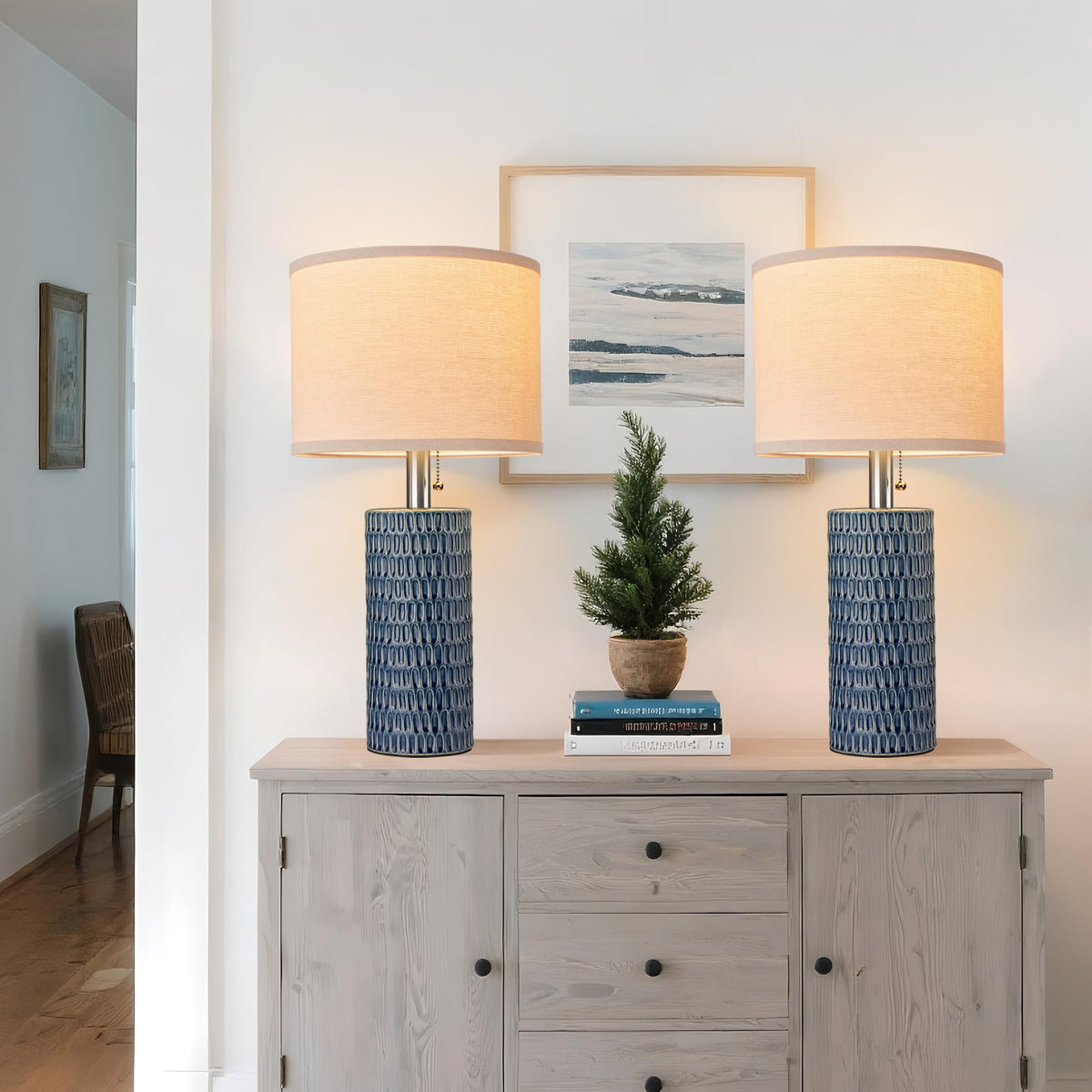 20.5" Modern Ceramic Table Lamps for Bedroom Set of 2, Bedside Lamps for Night Stands with Beige Lampshade, Farmhouse Table Lamp for Living Room Office Dorm, Blue