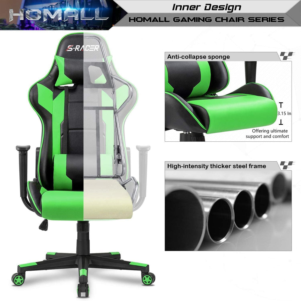 Gaming Chair, Office Chair High Back Computer Chair Leather Desk Chair Racing Executive Ergonomic Adjustable Swivel Task Chair with Headrest and Lumbar Support (Green)