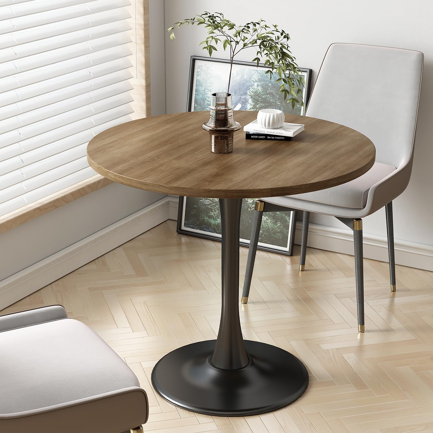 Kasinali Round Dining Table 31.5" Circle Tulip Table with Wood Thickened Tabletop & Sturdy Metal Pedestal Mid Century Modern Farmhouse Kitchen Tables for 4 Small Places Living Room Cafe,Somber Walnut