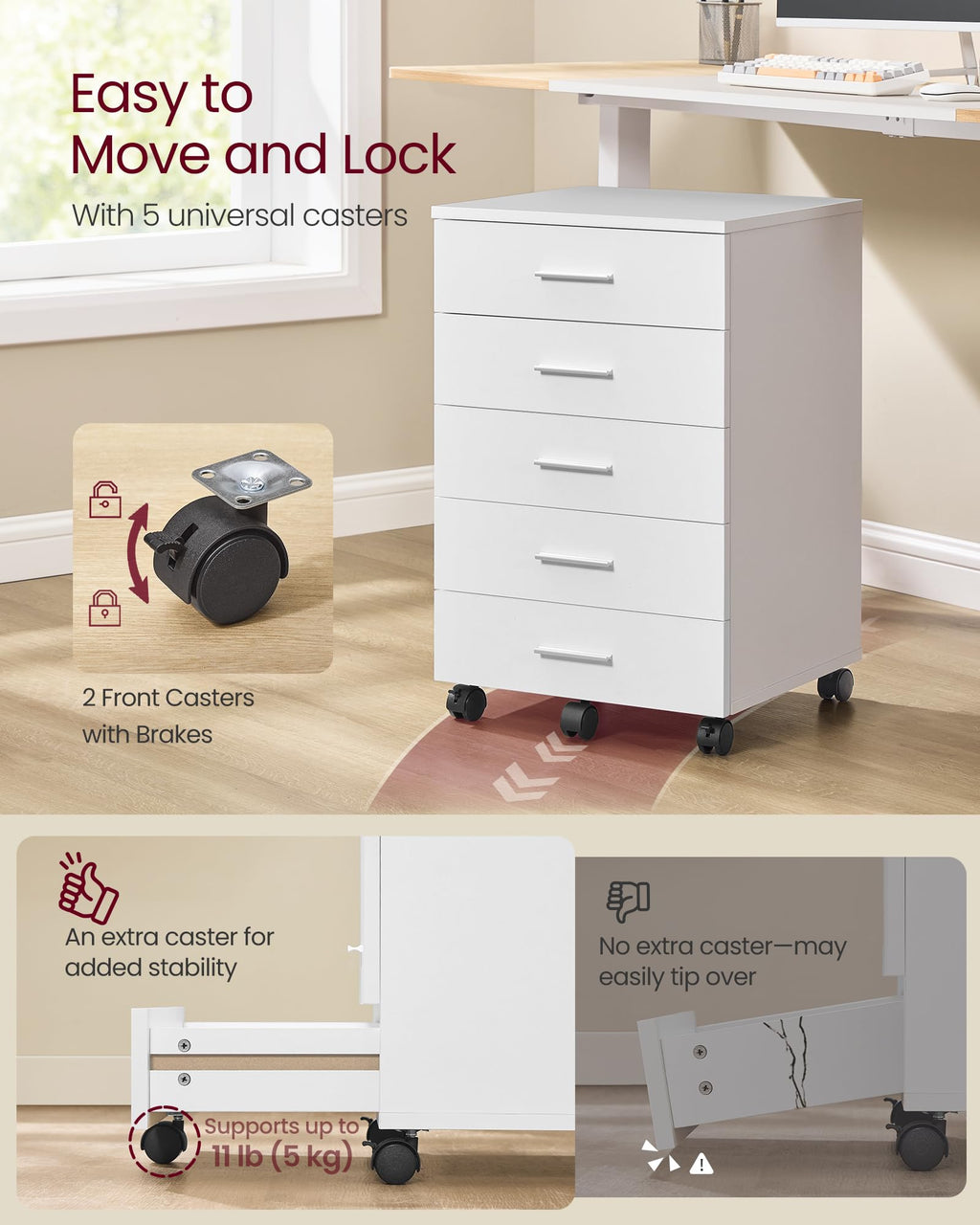 File Cabinet, Mobile Pedestal Filing Cabinet with Wheels, Printer Stand with 5 Drawers, Tool-Free Sliding Rails, for Study, Home Office, Cloud White