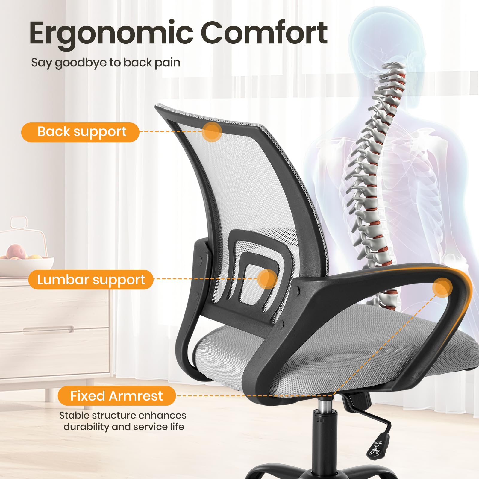 2 Pack, Office Desk Chair - Ergonomic Mid Back with Lumbar Support & Rocking Mode, Height Adjustable with Fixed Armrest, for Home, Computer, Gaming, Conference, Meeting Room, 360° Swivel, Grey