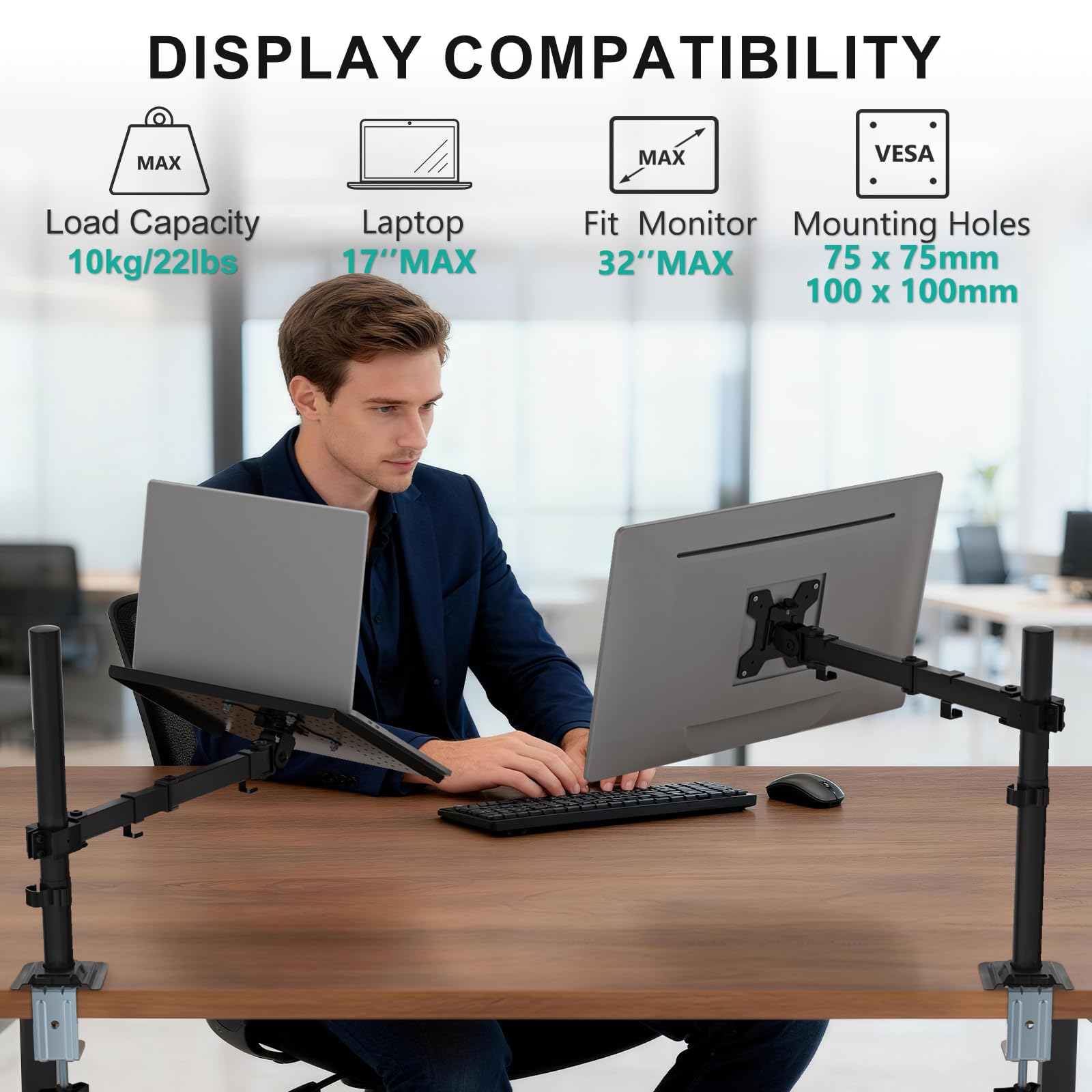 Laptop Desk Mount for 17 inch Notebook, Adjustable Single Monitor Arm with Laptop Holder for 32 inch Screen, Laptops Stand with Ventilated Tray, Up to 22 lbs, (M00LP), Black