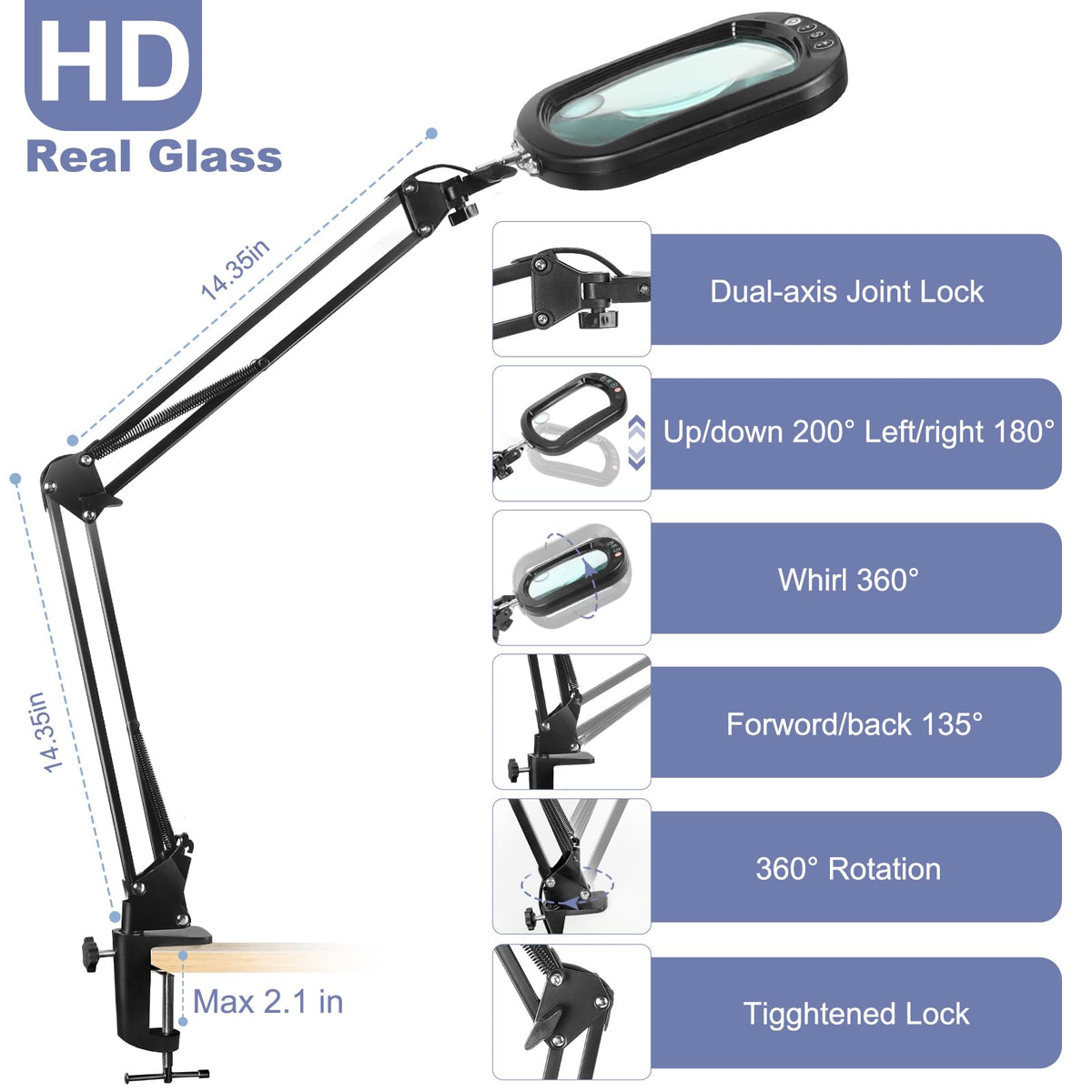 30X 10X Large Magnifying Glass with Light and Clamp, Real Glass, 5 Color Modes, Stepless Dimmable, Lighted Magnifier with Stand Hands Free, LED Swing Arm Desk Lamp for Close Work, Craft, Painting