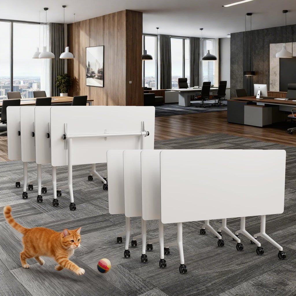 Conference Room Tables White,Folding Rectangular Flip Top Conference Table with Wheels for Large Meeting Seminar Home Office Classr (4, White, 70.8in)