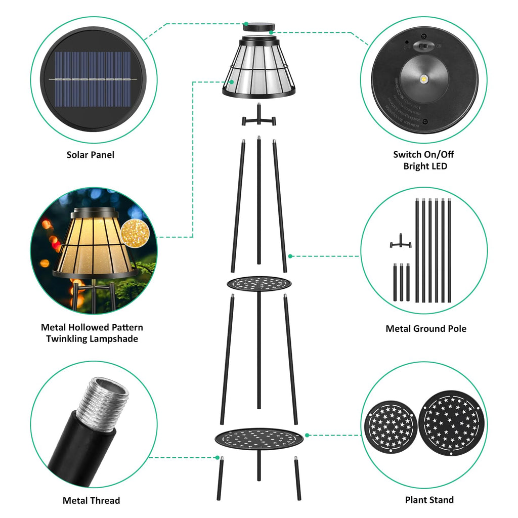 2 Pack Solar Floor Lamps Outdoor with 2-Tier Plant Stand, Metal Tall Planter Holder with Waterproof LED Lantern, Decorative Patio Light & Flower Pot Display Rack for Garden, Deck, Porch, Balcony