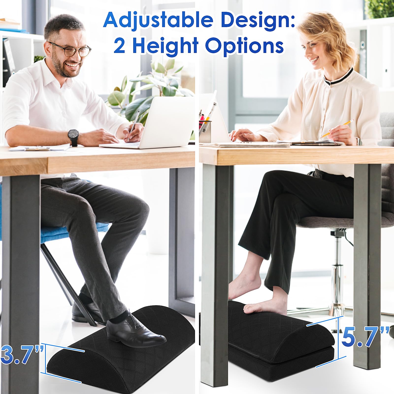 Foot Rest for Under Desk at Work Adjustable Foam for Office and Home, Office Desk Accessories，Comfortable Footrest with 2 Adjustable Heights，Back & Hip Pain Relief (Black-16.9 in)