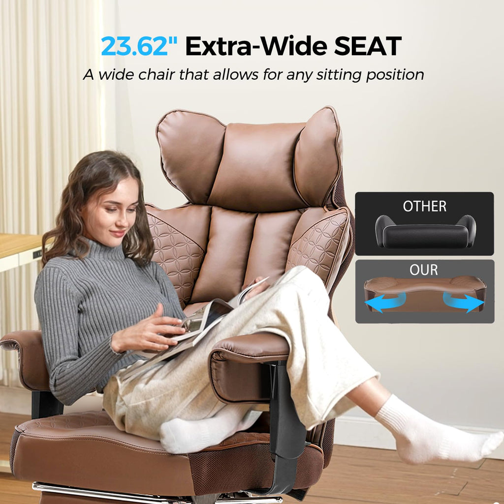 Big and Tall Gaming Chair 400lbs Heavy Duty Office Chair with Foot Rest & Ergonomic Pocket Spring Lumbar Support, High Back 3D Saddle Shaped Cushion for Back Pain Relief, Brown