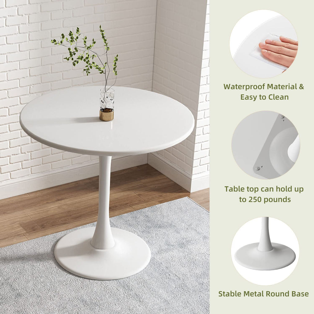 Kasinali Round Dining Table 24" Circle Tulip Table with Wood Thickened Tabletop & Sturdy Metal Pedestal Mid Century Modern Leisure Bistro Kitchen Tables 2 People Small Places Living Room Cafe,White