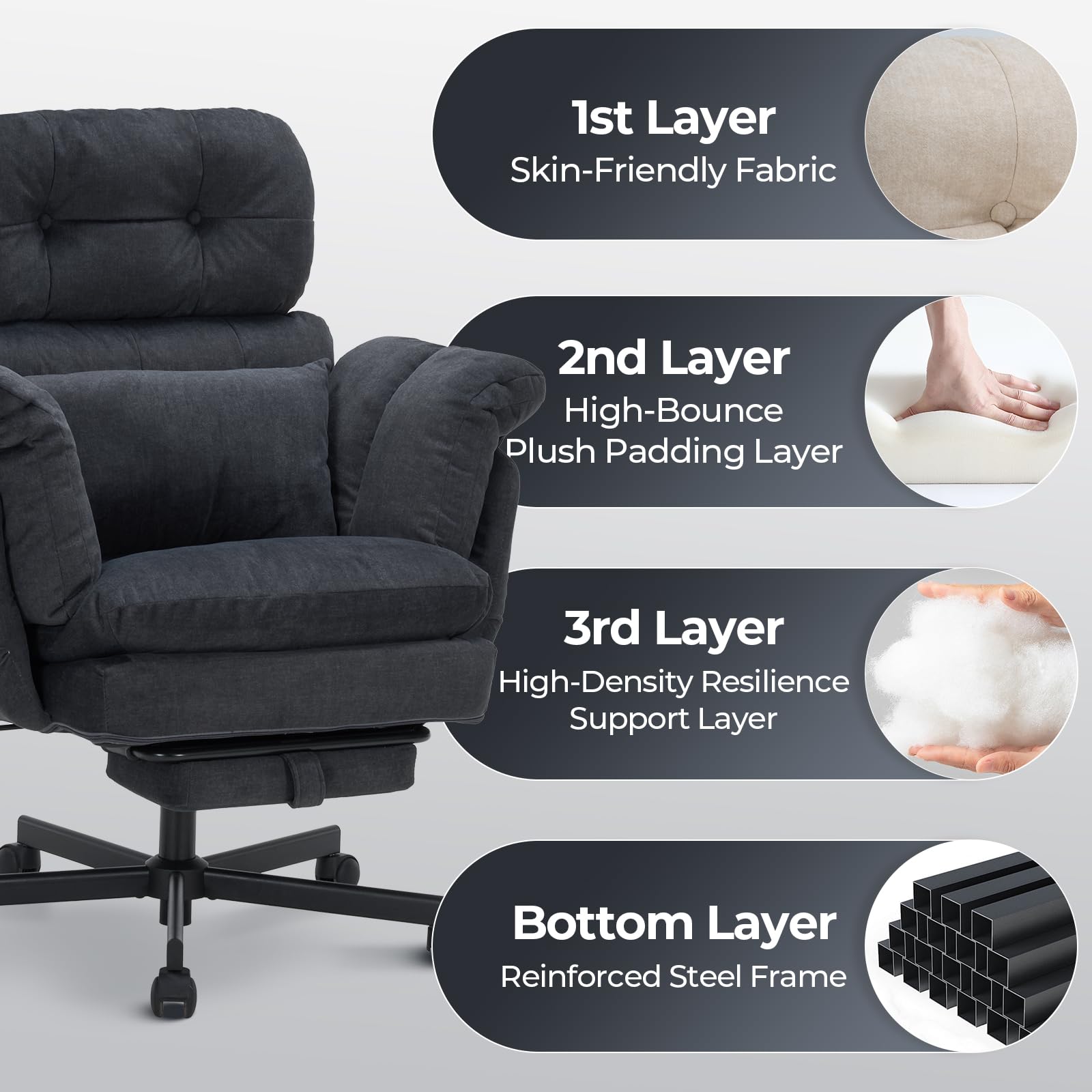 Criss Cross Office Chair with Foot Rest, Big and Tall Office Desk Chair with Flip Armrests for Pets & Cross Legged Sitting, Comfy Executive Ergonomic Reclining Computer Gaming Vanity Chair, Grey