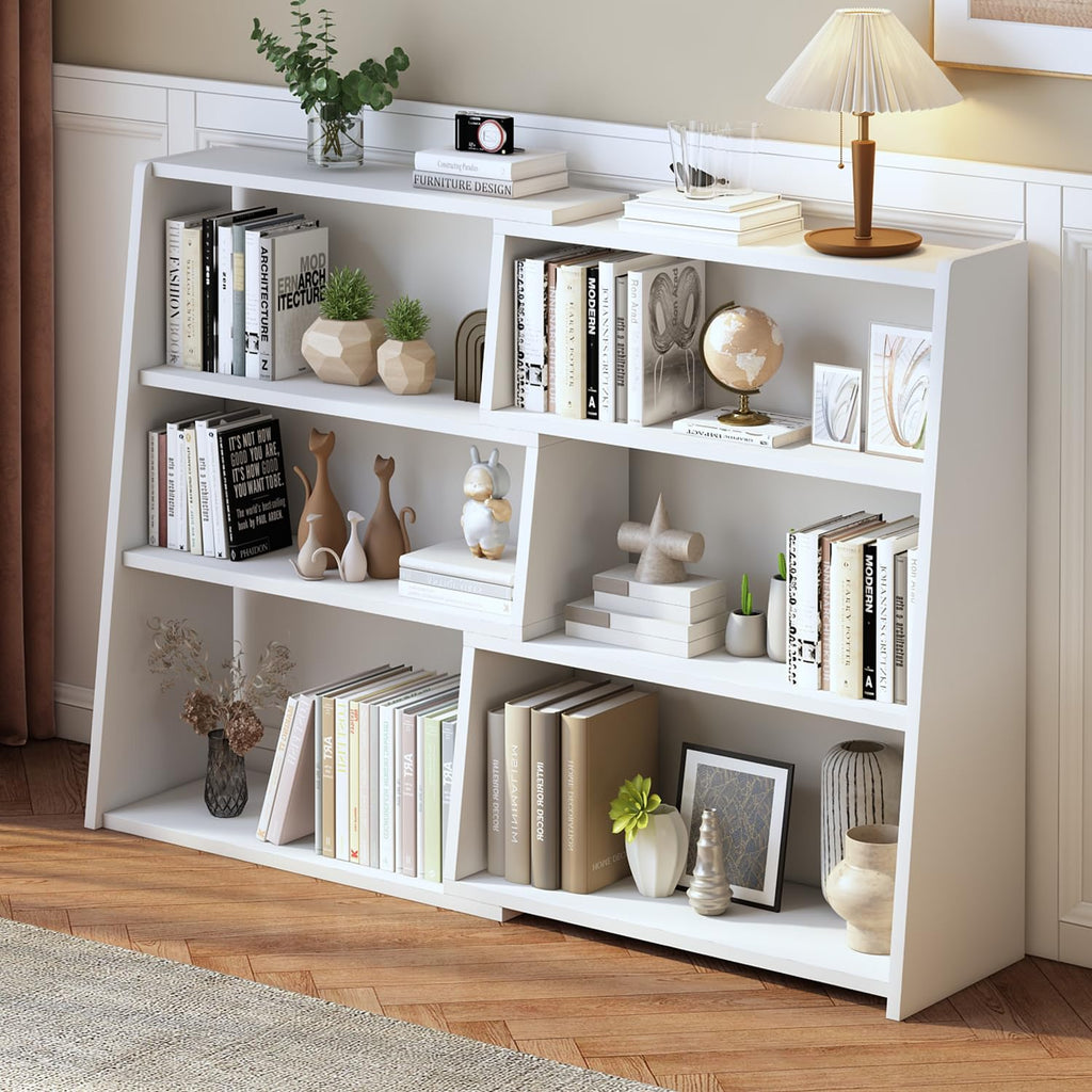 Wooden Extendable Shelf Bookcase, 3-Tier Low Bookshelf, White, L