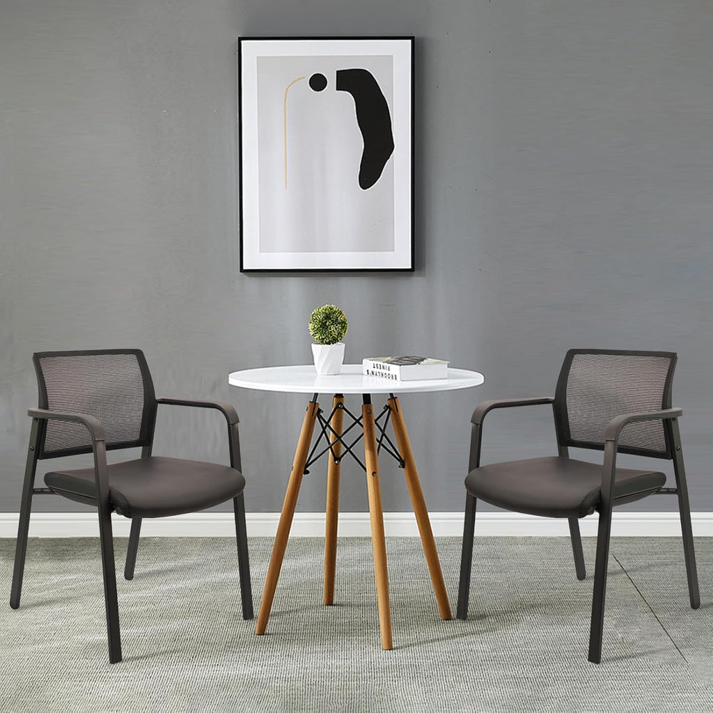 Set of 8, Stackable Office Chair, Mesh Back Guest Chairs with Comfortable Leather Seat Arms Stacking Ergonomic Desk Chair No Wheels for Conference Waiting Reception School Stationary, Black