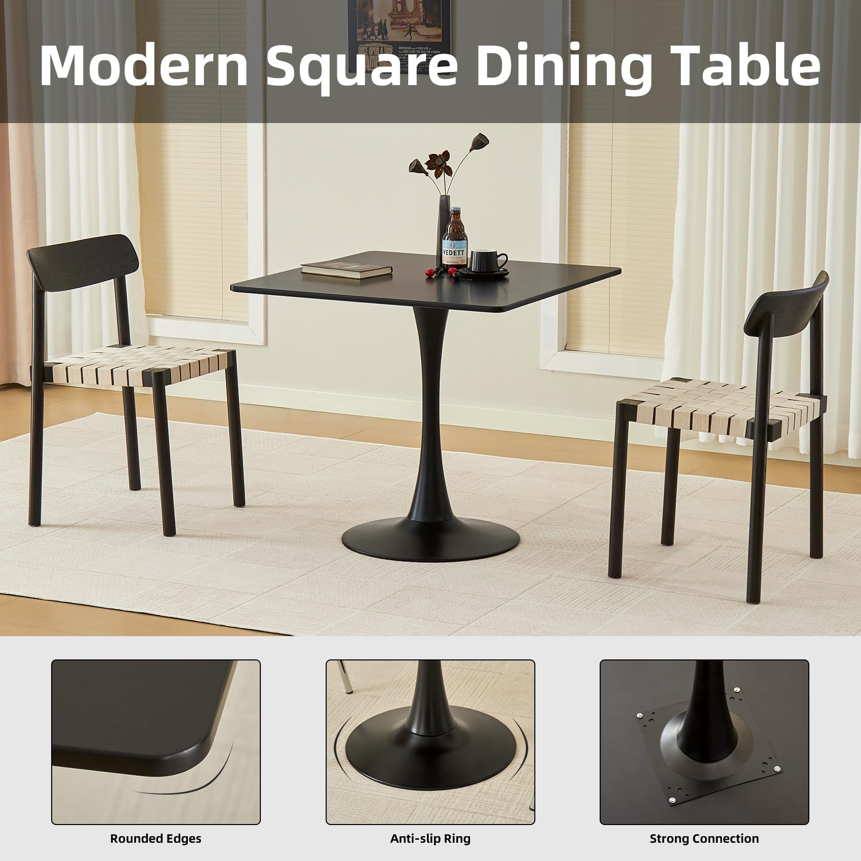 Hansweld Square Dining Table, 31.5" Tulip Table with Thickened Tabletop & Metal Pedestal, Mid Century Modern Bistro Table for Kitchen, Small Places, Living Room, Cafe (Black)