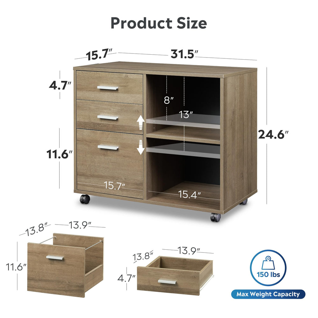 Wood File Cabinet, 3 Drawer Lateral Filing Cabinet, Gray Oak