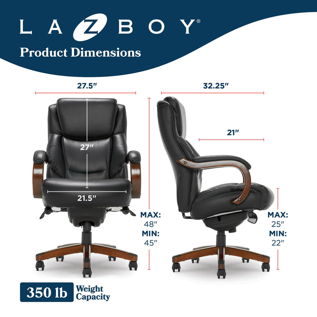Delano Big and Tall Executive Office Chair - Ergonomic Lumbar Support Memory Foam - Bonded Leather Desk Chair for Home Office - Mahogany Wood Arms - Black