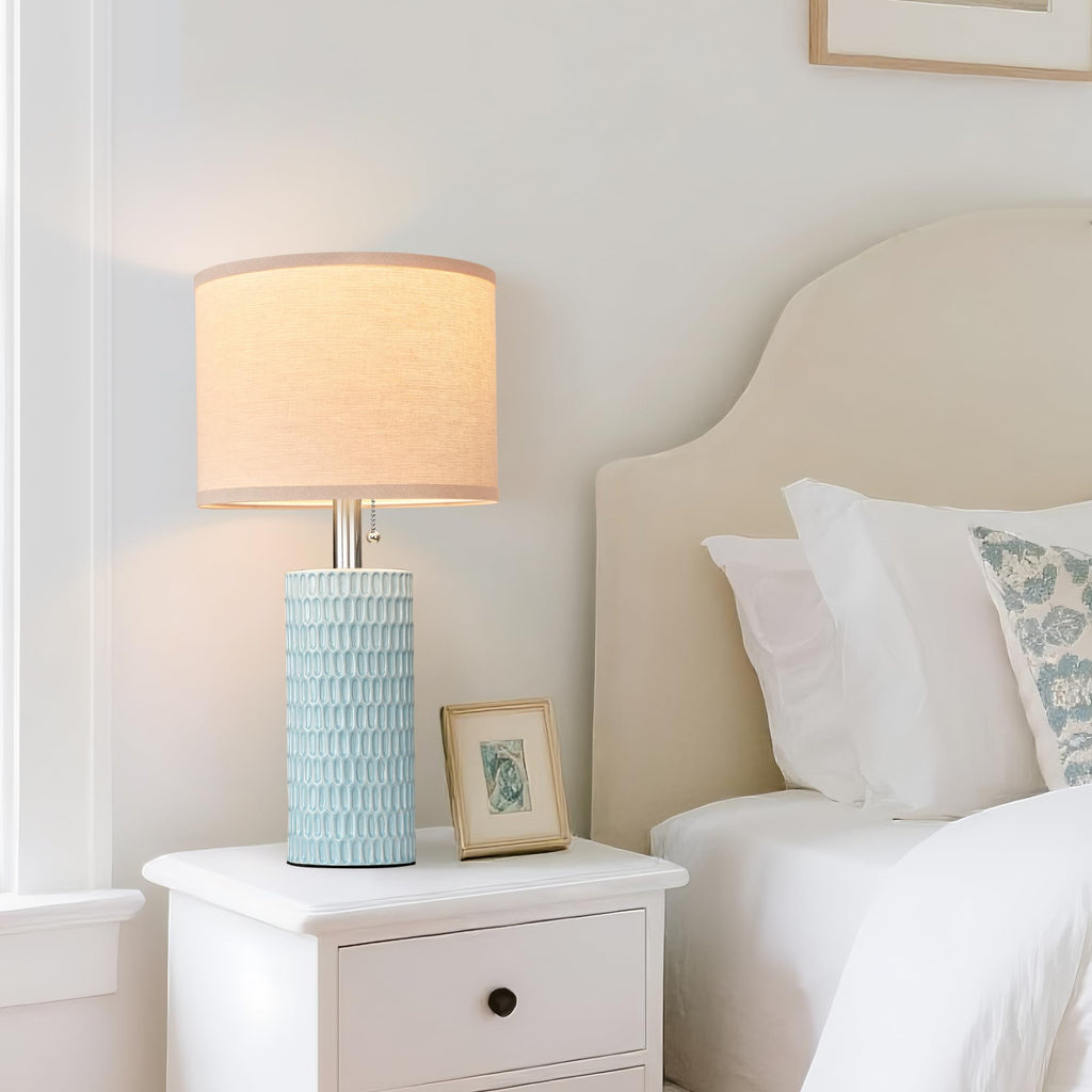 20.5" Modern Ceramic Table Lamps for Bedroom Set of 2, Bedside Lamps for Night Stands with Beige Lampshade, Farmhouse Table Lamp for Living Room Office Dorm, Sky Blue
