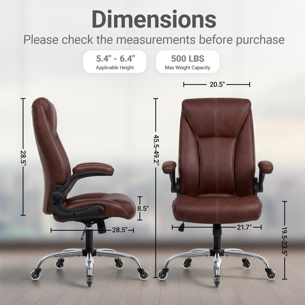 Big and Tall Office Chair for Heavy People, 500LBS High Back Extra Wide Executive PU Leather Office Chair with Flip-Up Armrests, Quiet Rubber Wheels, Comfortable Home Office Desk Chair(Brown)