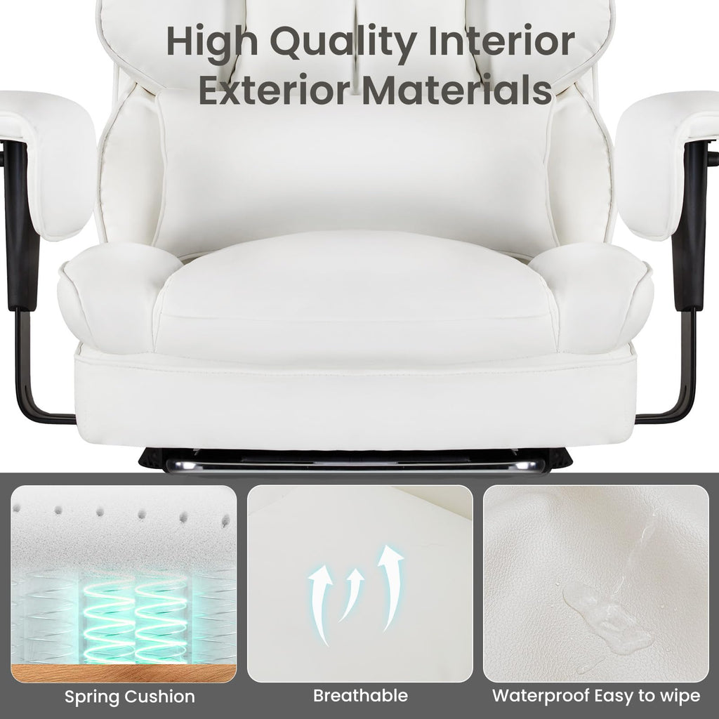 Home Office Desk Chair Comfy with Foot Rest, PU Leather Ergonomic Big and Tall High Back Support, 360° Swivel Wheels, Armrests and Detachable Pillow, Height Adjustable, White