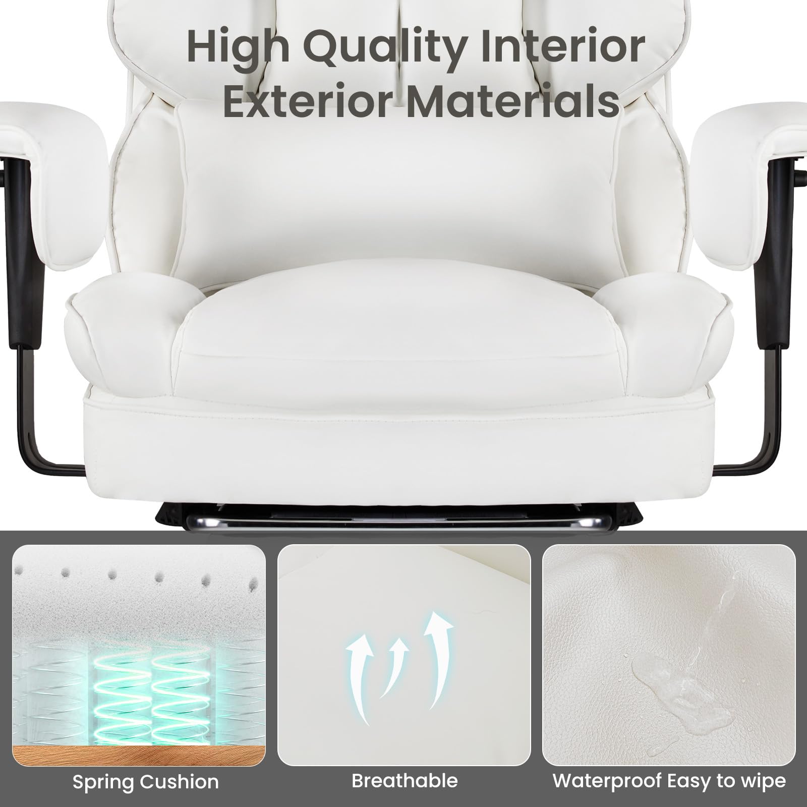 Home Office Desk Chair Comfy with Foot Rest, PU Leather Ergonomic Big and Tall High Back Support, 360° Swivel Wheels, Armrests and Detachable Pillow, Height Adjustable, White