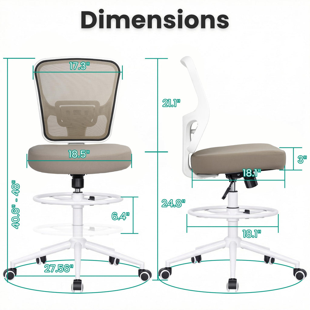 Armless Drafting Chair Tall Office Chair for Standing Desk - Adjustable Height Mesh Ergonomic Stool with Foot Ring, Rolling Counter Height Computer Chair for Small Spaces & Home Office
