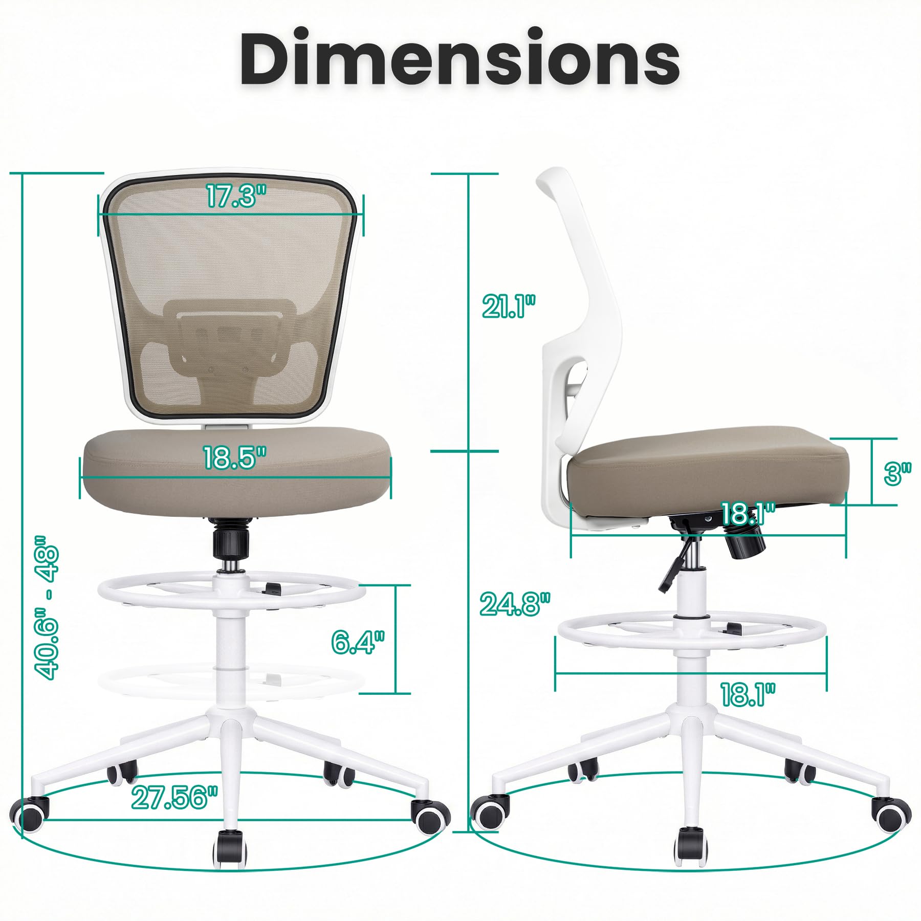 Armless Drafting Chair Tall Office Chair for Standing Desk - Adjustable Height Mesh Ergonomic Stool with Foot Ring, Rolling Counter Height Computer Chair for Small Spaces & Home Office