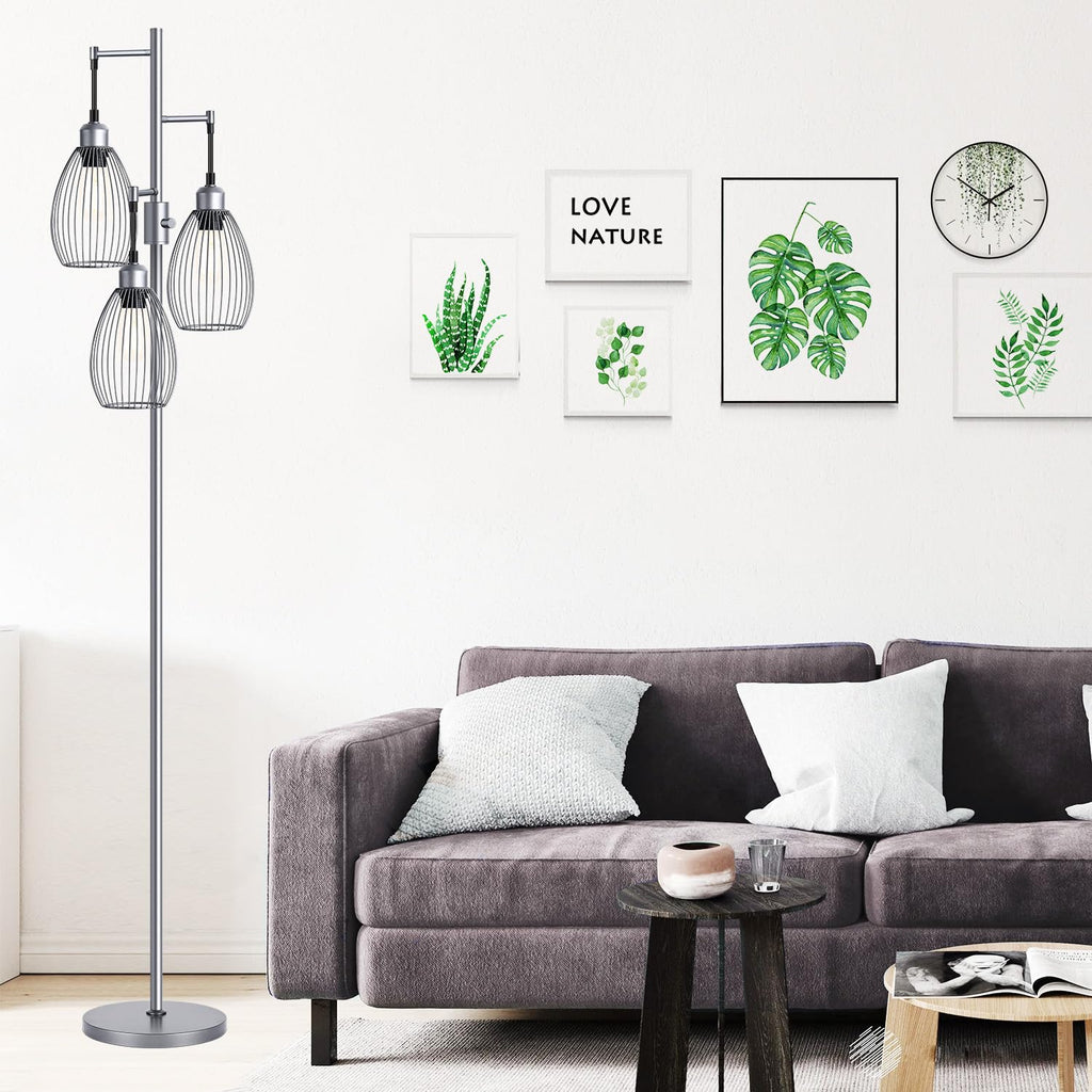 Floor Lamp, 3 x 800LM LED Edison Bulbs Included, Industrial Floor Lamp Standing Tree Lamp with Elegant Teardrop Cage Heads Tall Lamps for Living Room Bedroom-Grey