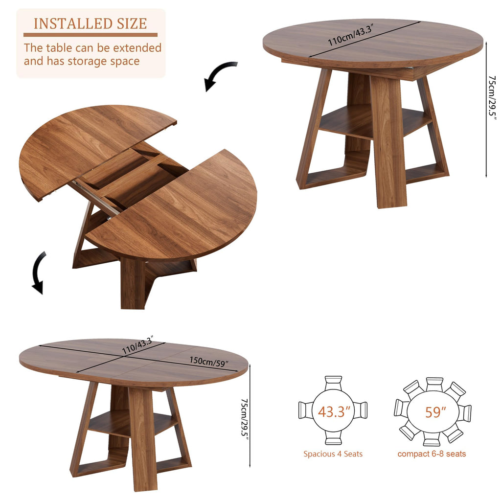 Round Conference Table for 4-6 People,43.3in-59in Extendable Wooden Oval Meeting Room Table with Removable Leaves,Space Saving,Office Table with Storage Shelf for for Office Conference Room (Walnut)