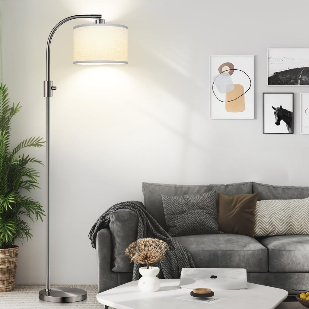 Upgraded Modern Arc Dimmable Tall Standing Floor Lamp with Linen Shade, 1200 Lumens LED Bulb Included, for Living & Reading Room, Bedroom, Office & Nursery, Brushed Nickel