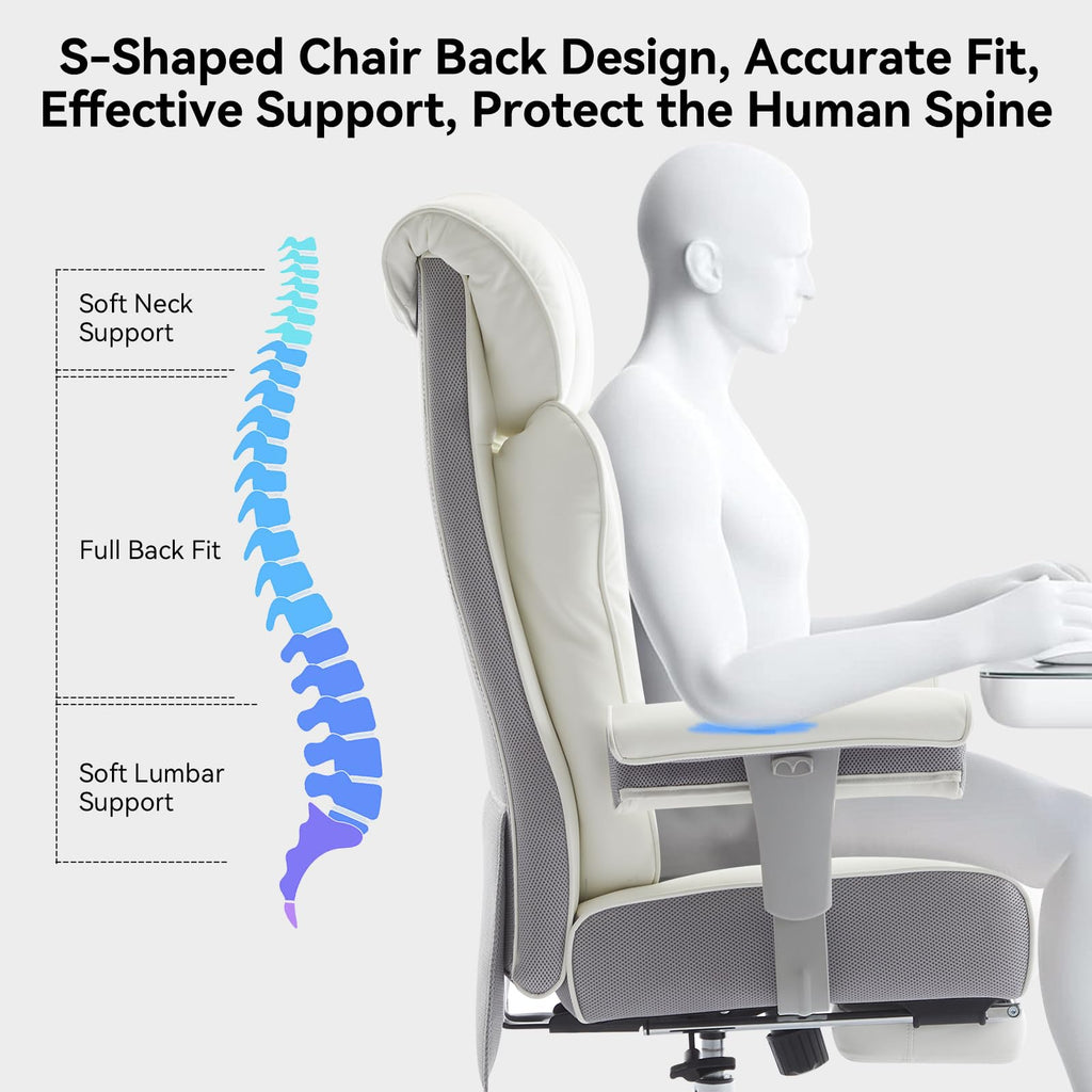 Big and Tall Executive Office Chair 400lbs - White Desk Chair for Women with Footrest, 24" Wide Ergonomic Pocket Spring Cushion Seat, Heavy Duty Computer Chair for Home Office, Gaming