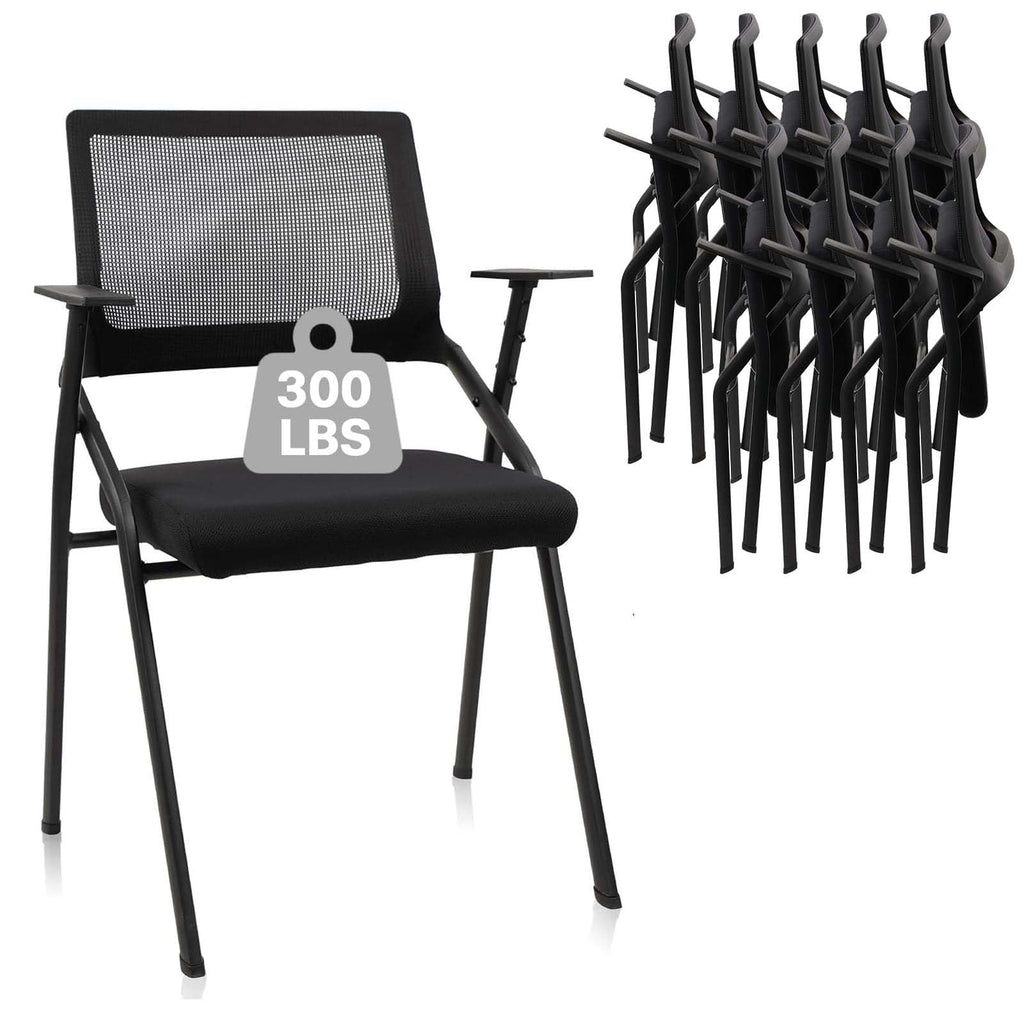 Black (10 pk) Stackable & Foldable Office Chairs with Ergonomic Lumbar Support and Thickened Seat Cushion, Folding Mesh Fabric Reception Guest Chair for School Church Conference Waiting Room