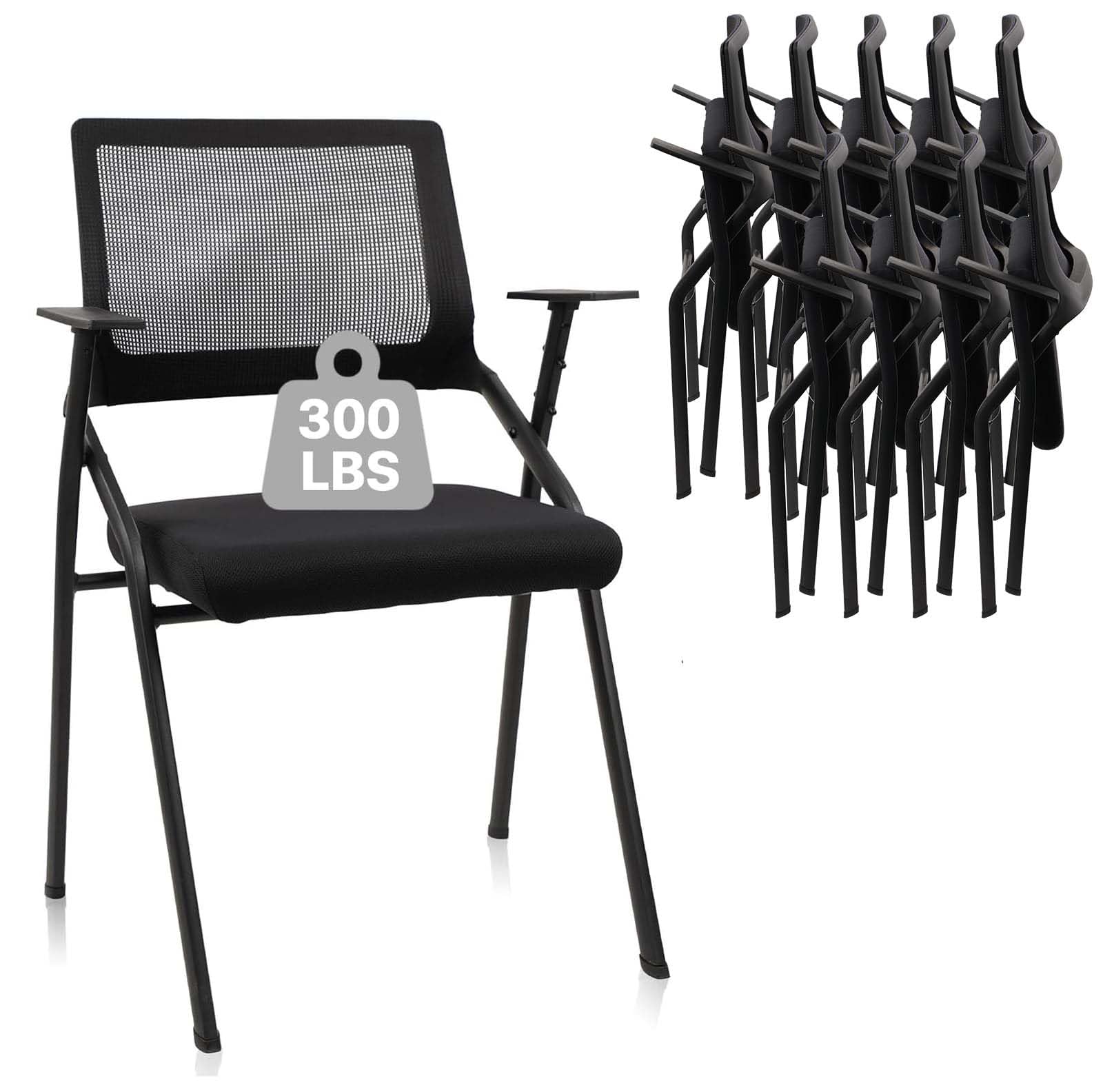 Black (10 pk) Stackable & Foldable Office Chairs with Ergonomic Lumbar Support and Thickened Seat Cushion, Folding Mesh Fabric Reception Guest Chair for School Church Conference Waiting Room