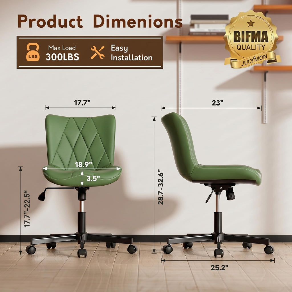 Armless Desk Chair, Morden Home Office Chair no Arms, Adjustable Height & Rocking Computer Chair, PU Leather Vanity Chair, Ergonomic Seat Soft Padded Desk Chairs for Home Small Space, Green