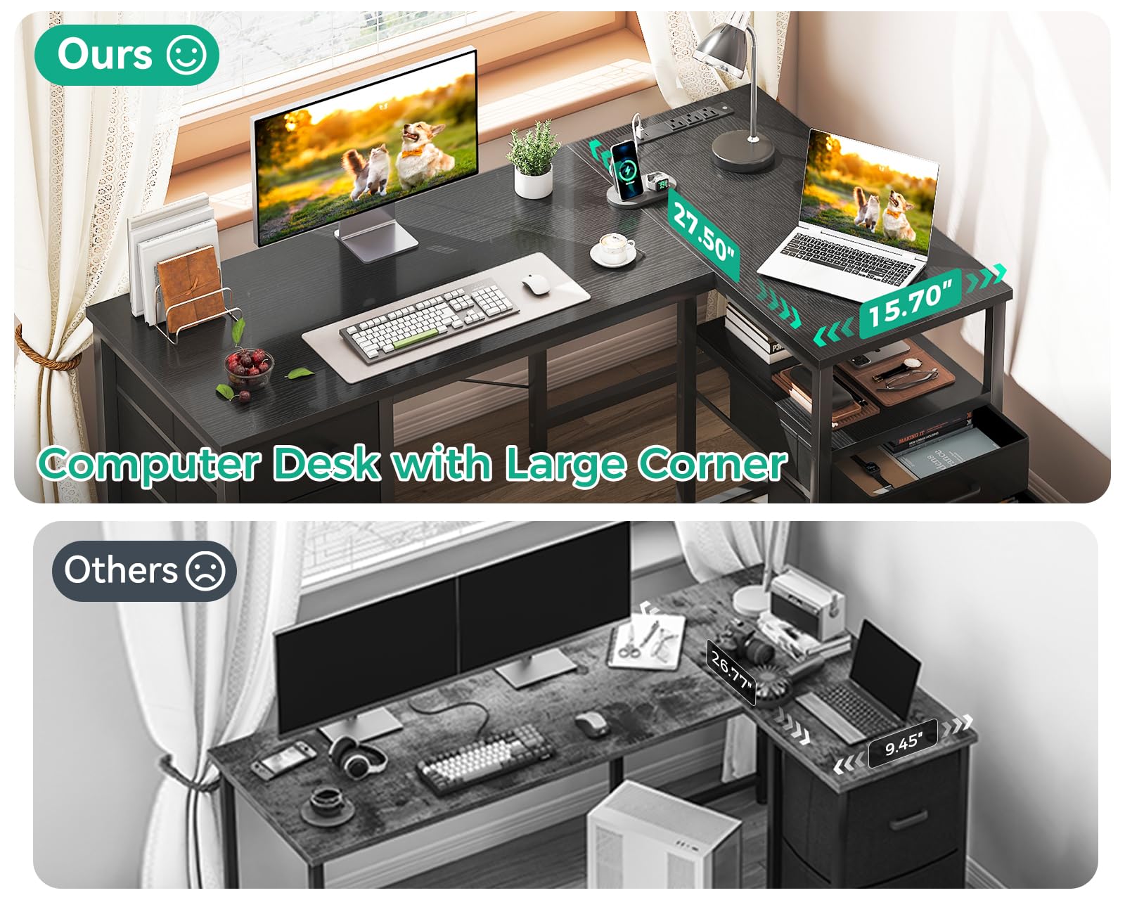 L Shaped Computer Desk with 6 Drawers & Power Outlet, 55 Inch Corner Desk with Reversible Storage Shelf & File Drawer, Home Office Desk, Black