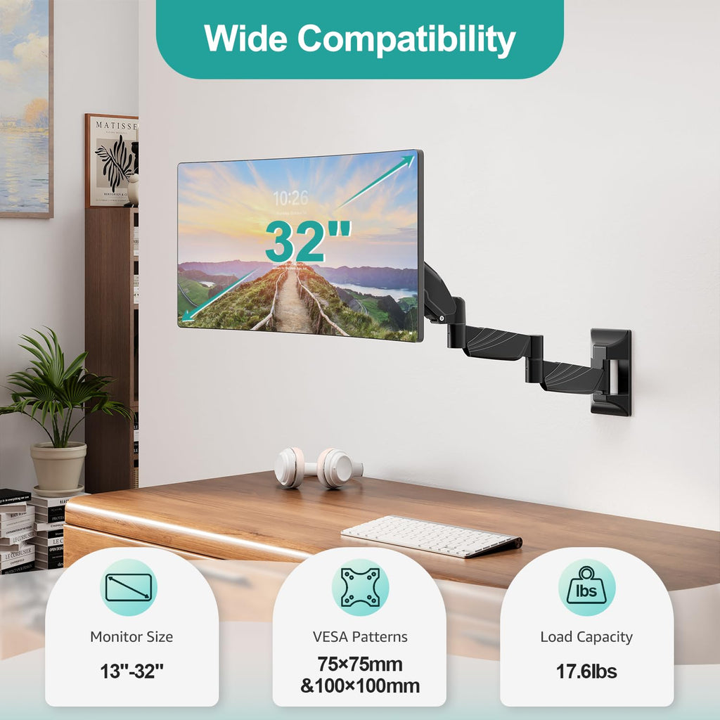 Monitor Wall Mount for 13 to 32 inch Computer Screen, Extra Long Adjustable Single Wall Mount Monitor Arm, Full Motion Vesa Wall Bracket 100x100, Hold up to 17.6lbs, Black