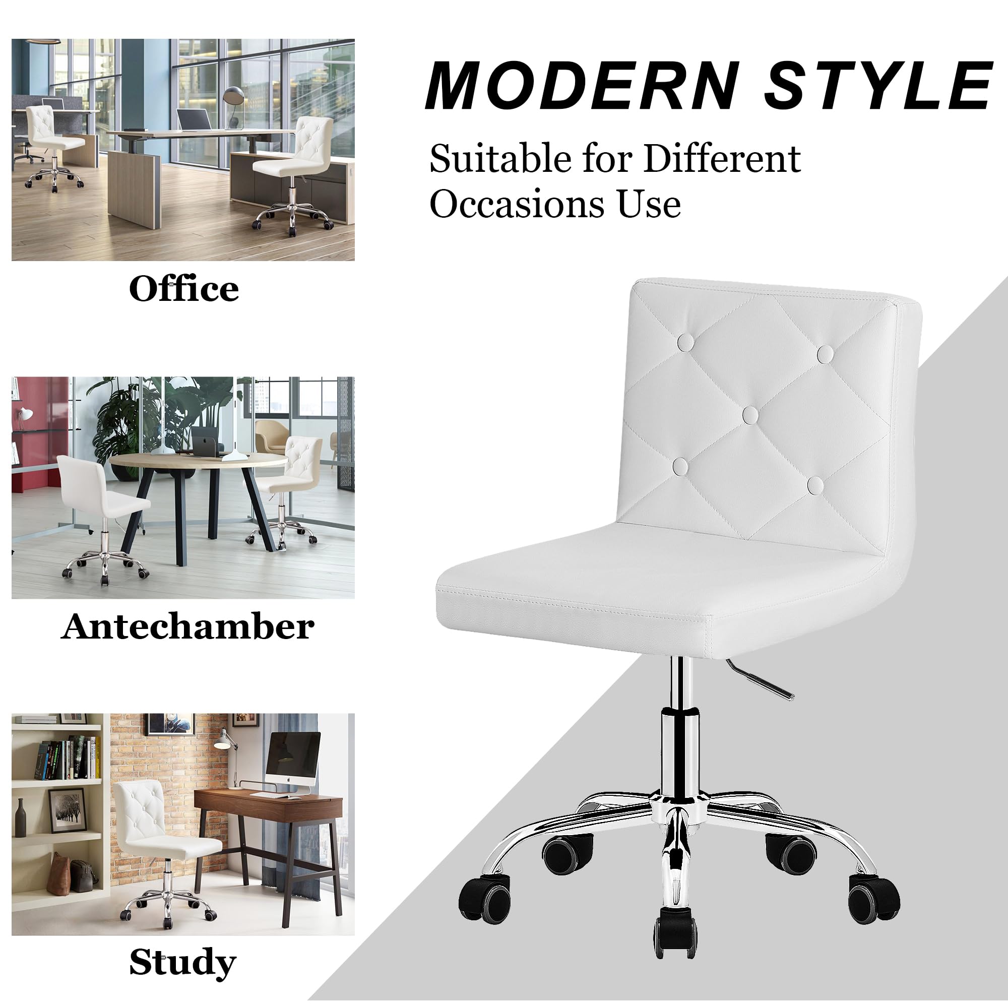 PU Leather Mid-Back Armless Vanity Chair Adjustable Height 360° Rolling Swivel for Office Work, White